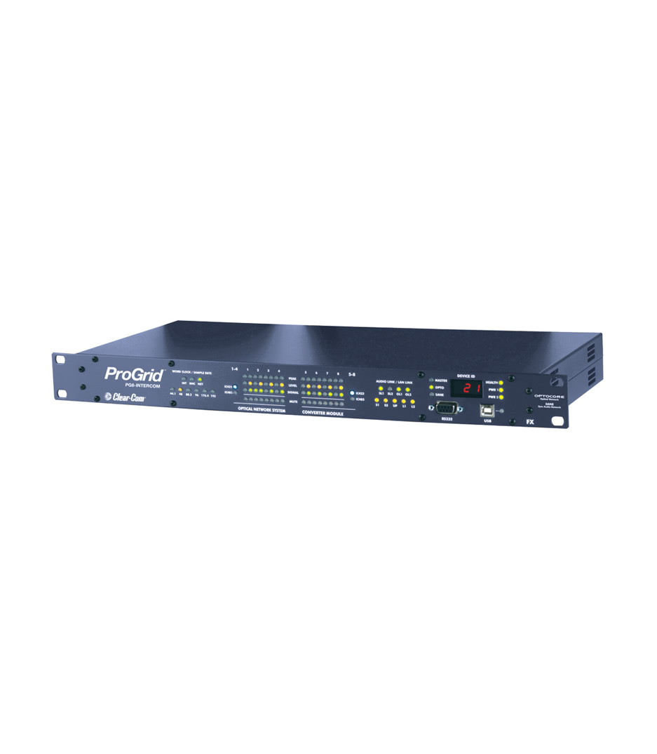 ProGrid 8 444 Icom If FX 1RU 8 x 4 channel Audio Inputs and Outputs Dual PSU Fiber SANE Twisted Pair CAT5 Intercom with 4 GPIO. This unit does not include fiber transceivers. Transceivers must be ordered separately from the options given.
